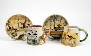 ARTHUR MERRIC BOYD & NEIL DOUGLAS impressive pair of pottery mugs with matching saucers decorated with Aboriginal figures, kangaroos and emus in landscape, (4 items), incised and/or signed "A.M.B., Neil Douglas", the saucers 16cm diameter