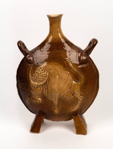 ARTIST UNKNOWN studio pottery pilgrim's flask with bull decoration, incised signature (illegible), dated 1977, 45cm high