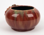 REMUED pottery vase with applied gumnuts and leaf, glazed in vibrant pink and green with blue interior, incised "Remued, Hand Made", 11cm high, 17cm wide - 2