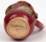 REMUED pottery jug with branch handle, gumnuts and leaf, glazed in a rich pink and green with yellow highlights, incised "Remued", ​​​​​​​11cm high - 3