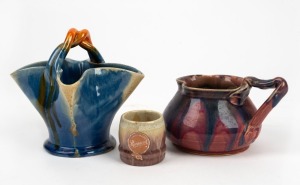 REMUED pink and purple glazed pottery jug, blue basket vase and a miniature vase, (3 items), the largest 12.5cm high