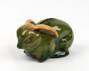 BOSLEY green glazed pottery rabbit money box, 6.5cm high, 11cm wide