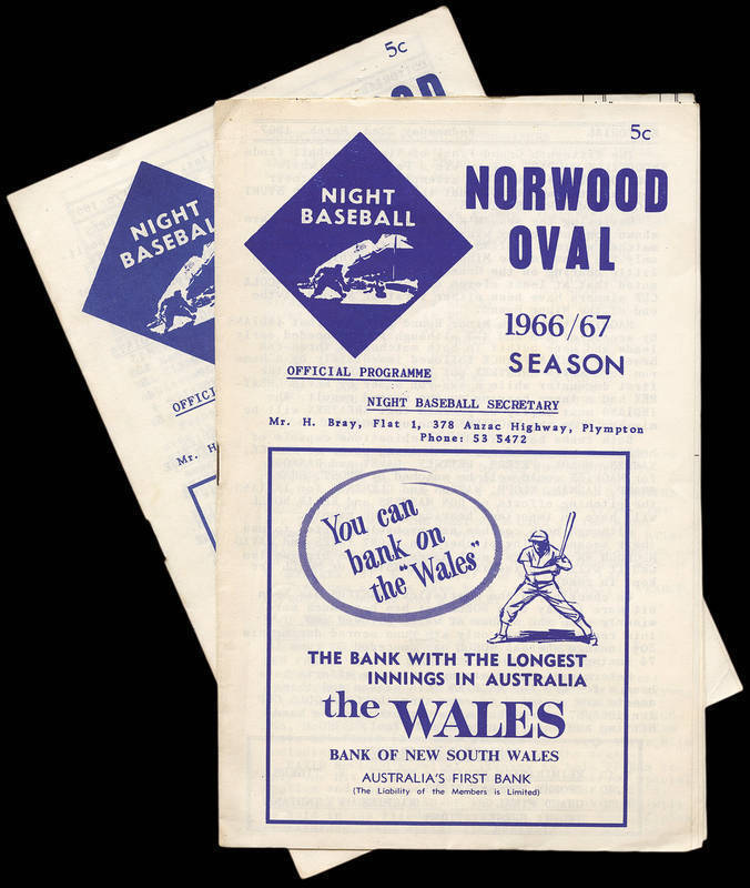 BASEBALL: 1966-67 baseball programmes for games at Norwood Oval - teams Norwood Redsox, Sturt Tigers, Woodville Magpies & Goodwood Indians; also flyer "COACH WANTED" for Marion Baseball Club.