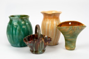 JOHN CAMPBELL green glazed pottery vase, wall pocket and basket vase, together with a REMUED pottery vase, (4 items), ​​​​​​​the largest 18.5cm