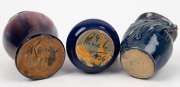 REMUED&nbsp;and PAMELA three blue glazed pottery vases with pink highlights, including workman's piece with unusual leaf decoration and incised markings (unsigned), branch handle example signed "Pamela, 1934" and the other incised "Remued", the largest 10cm hi - 2