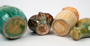 REMUED&nbsp;and PAMELA three blue glazed pottery vases with pink highlights, including workman's piece with unusual leaf decoration and incised markings (unsigned), branch handle example signed "Pamela, 1934" and the other incised "Remued", the largest 10cm hi - 3