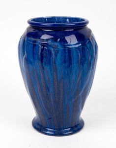 MELROSE WARE blue glazed pottery vase with gum leaf decoration, stamped "Melrose Ware, Australian", 24.5cm high
