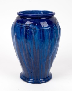 MELROSE WARE blue glazed pottery vase with gum leaf decoration, stamped "Melrose Ware, Australian", 24.5cm high
