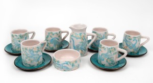 ROBERT & MARGOT BECK Australian pottery tea ware for six, comprising six cups, six saucers, a milk jug and sugar basin, (14 items), incised "R. M. Beck", the milk jug 11.5cm high