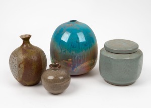 WANDA GARNSEY lidded pottery jar, GREG DALY pottery vase and two studio pottery vases, (4 items), the largest 18cm high