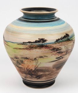 IAN GAMBLE pottery vase adorned with landscape scene, incised "I. Gamble, Australia", 29cm high