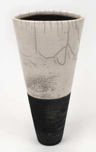 JUDITH ROBERTS black and white glazed studio pottery vase, impressed studio marks and signed "J. Roberts", 32cm high