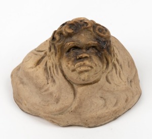 WILLIAM RICKETTS miniature pottery face plaque, incised "Wm. Ricketts", ​​​​​​​7.5cm wide