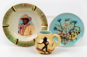 WEMBLEY WARE "Australian Native Stockman" ceramic ashtray with circular crown mark to base, together with a GUY BOYD pottery jug and dish, (3 items), the Wembley Ware 15.5cm diameter