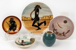 MARTIN BOYD pottery plaques, dishes and vase, (5 items), incised "Martin Boyd, Australia", the largest 18.5cm diameter