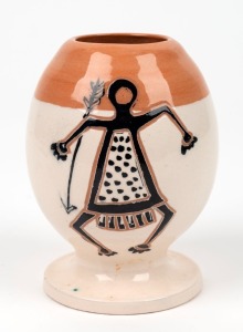 DYSON pottery vase with sgraffito tribal figure decoration, incised "Dyson, Australia", ​​​​​​​11.5cm high