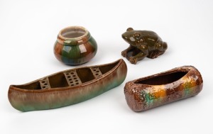 BENNET pottery canoe vase, pottery trough, pottery frog and a pottery vase, (4 items), the canoe 29cm long