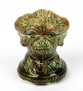 BENDIGO pottery dog tobacco jar glazed in mottled green. Note: Later lid. 15cm high