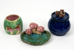 LOUISE TAYLOR pottery mushroom vase, E. MITCHELL pottery mushroom dish and RICHARDSON blue glazed pottery lidded jar with gumnut decoration, (3 items), ​​​​​​​the largest 10cm high