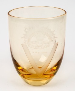 AUSTRALIAN COMMONWEALTH MILITARY FORCES tinted glass vase, decorated with rising sun motif and a large "V" for victory, circa 1945, etched initials "B.S.C." to reverse, 16cm high