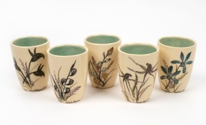 ISOBEL group of five Australian pottery beakers, all hand-painted with orchid motifs, each titled and signed "Helen", 10cm high