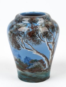 NEWTONE POTTERY vase with hand-painted landscape on blue ground, attributed to Daisy Merton, stamped "Newtone Pottery, Sydney, Hand Painted", 10.5cm high