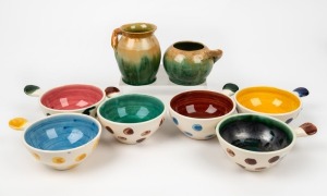 REMUED two green glazed branch handle vases; together with a set of six pottery ramekins incised "P", (8 items), the largest 9.5cm high