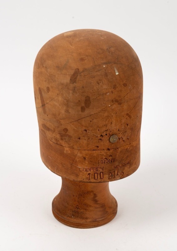 HAT BLOCK, antique Australian huon pine example, stamped "GODFREY, MELBOURNE", ​​​​​​​29cm high