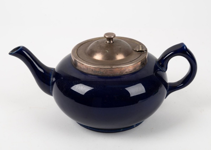 ROBUR teapot, rare porcelain example with silver plated mounts, black factory mark to base, 13c high, 27cm wide