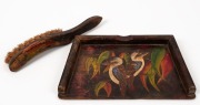 POKERWORK crumb tray and brush decorated with kookaburras, circa 1930, the tray 27cm wide