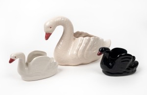 BENDIGO group of three pottery swan vases, ​​​​​​​the largest 20cm high, 30cm long