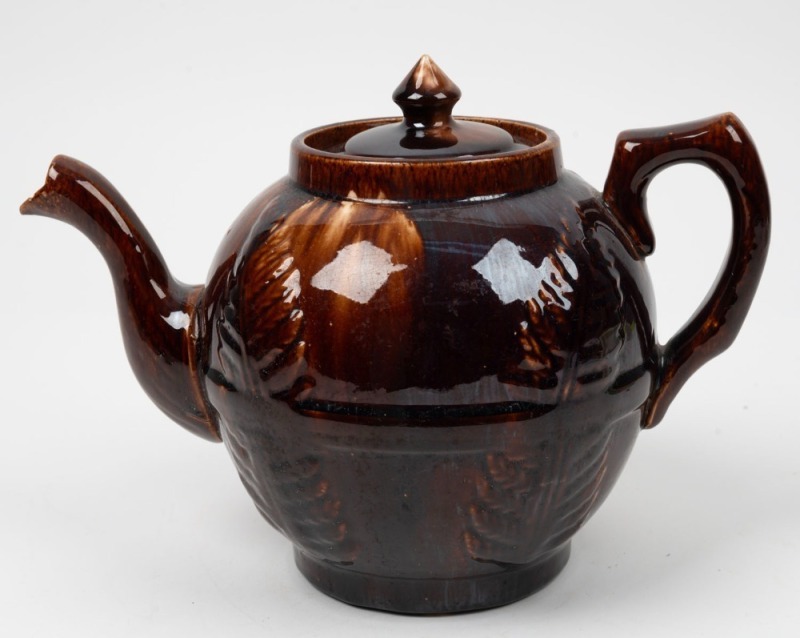 CORNWELL'S fern leaf pattern brown glazed pottery teapot, 19th century, 20cm high, 27cm wide