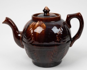 CORNWELL'S fern leaf pattern brown glazed pottery teapot, 19th century, 20cm high, 27cm wide