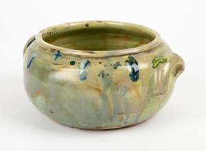 GREG IRVINE green glazed two handled pottery bowl, incised "G. Irvine, '99", 9cm high, 21cm wide