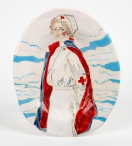 ARTIST UNKNOWN pottery plaque titled verso "NURSE IN CLOUDS, WWI", ​​​​​​​incised "RF15", 25 x 20cm