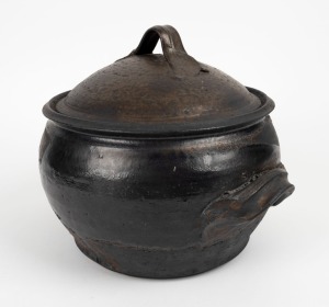 MILTON MOON Australian pottery bread crock with black and bronze glaze, hand-signed monogram to base, 24cm high, 31cm across the handles.