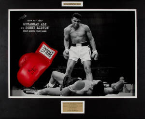 MUHAMMAD ALI, display comprising boxing glove signed "Muhammad Ali AKA Cassius Clay", in display case with photograph of Ali standing over Liston, overall 33x44cm. With CoA.