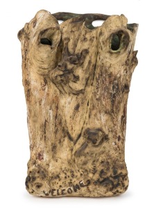 WILLIAM RICKETTS "WELCOME" rare pottery tree stump wall pocket adorned with koala and possums, incised "Wm. Ricketts, Mt. Dandenong", 39cm high