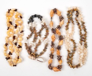 Four assorted Australian shell bead necklaces, the largest 92cm long