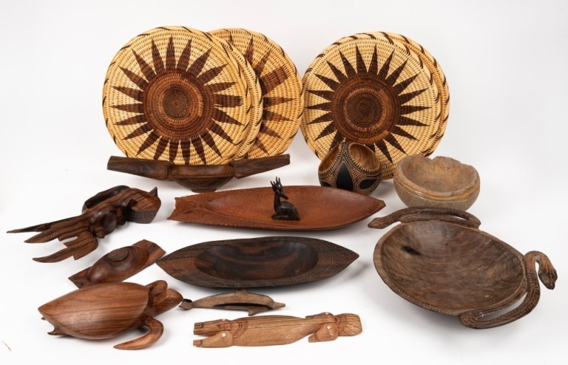 Assorted tribal bowls, place mats, ornaments, etc, mostly Papua New Guinea origin, (17 items), ​​​​​​​the largest 40cm wide