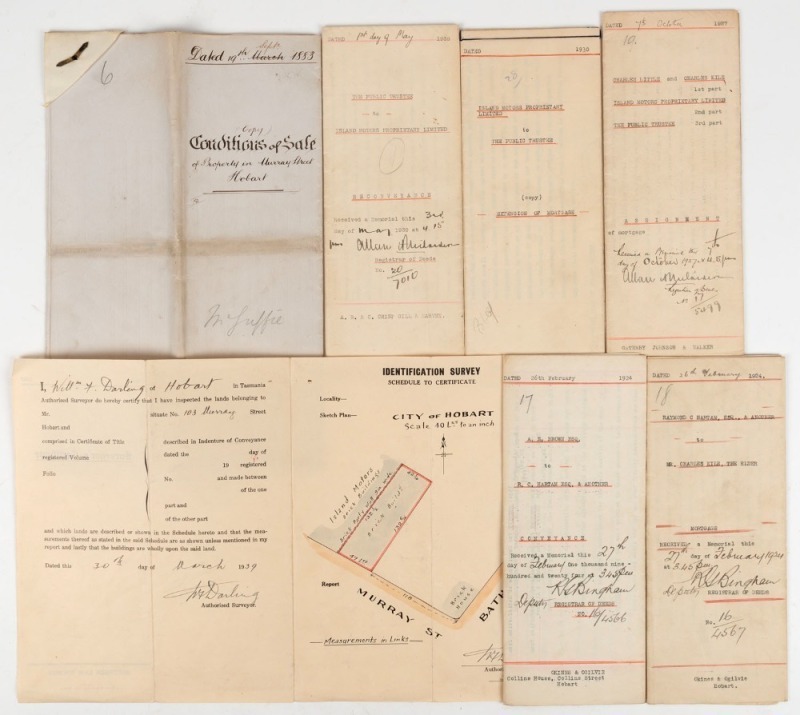 ISLAND MOTORS, MURRAY STREET, HOBART: A series of signed legal documents, 1883 - 1939 relating to the purchase, lease and lease renewals; including a hand-drawn map on a Surveyor's Certificate; now the location of The Cat & Fiddle Arcade. (7 items).