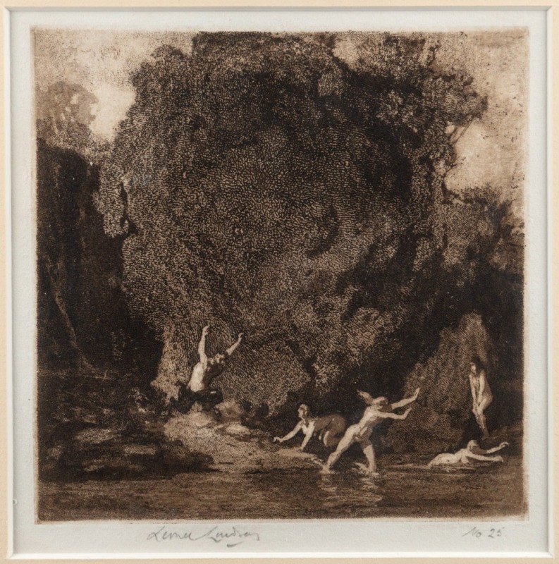 LIONEL LINDSAY (1884-1961), The Satyrs pool,1917 spirit aquatint, edition of 50 of the final state, ​​​​​​​signed in the lower margin, 14 x 14cm, 23 x 23cm overall