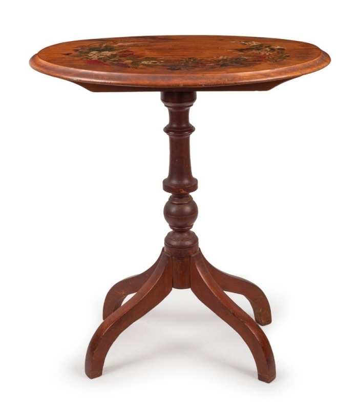 An antique huon pine tilt-top occasional table with hand-painted floral top, 19th century, bearing pencil inscription to the underside (illegible). Purported to have come from ELLIS ROWAN'S Mount Macedon home.  77cm high, 68cm wide, 57cm deep