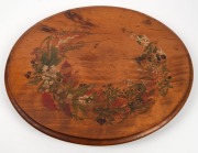 An antique huon pine tilt-top occasional table with hand-painted floral top, 19th century, bearing pencil inscription to the underside (illegible). Purported to have come from ELLIS ROWAN'S Mount Macedon home.  77cm high, 68cm wide, 57cm deep - 2