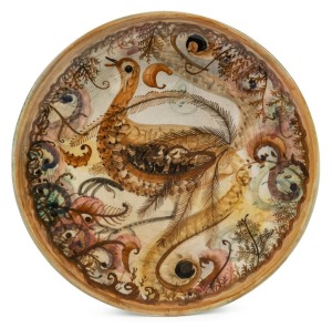 ARTHUR MERRIC BOYD & JOHN PERCEVAL impressive pottery plaque hand-painted with lyrebird and fern foliage, signed "John Perceval, A.M.B.", and incised "A.M. Boyd", 34.5cm diameter