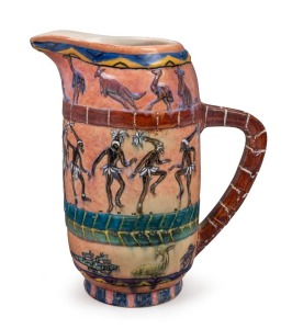 PAT PHILLIPS stunning pink pottery jug adorned with Aboriginal dancing figures and animals, incised "PAT PHILLIPS", ​​​​​​​28cm high