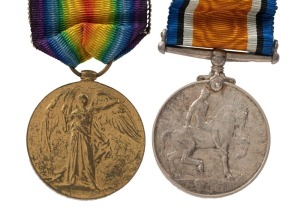 PAIR TO AN AUSTRALIAN: 1914-18 British War Medal and 1919 Victory Medal, both named to 3337 PTE. T.W. McHENRY. 24 BN. A.I.F. (2 medals). Thomas Warren McHENRY was with the 8th Australian Infantry Battalion.