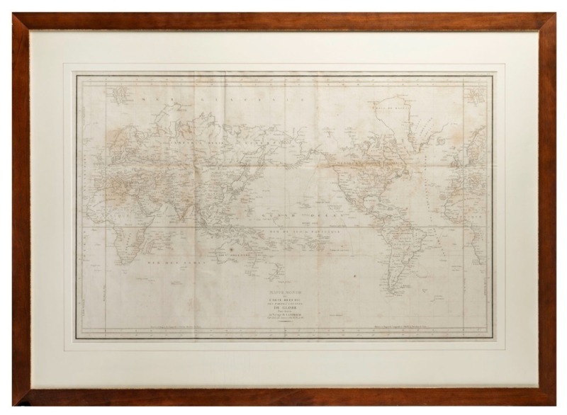 [WORLD MAP], "Mappe Monde ou Carte Reduite Des Parties Connues Du Globe Pour servir au Voyage de La Perouse …. 1785, 85, 87 et 88.", copper plate engraving, 1790, 59 x 93cm; framed 88 x 121cm overall.