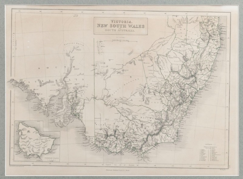 [THE GOLD REGIONS] WILLIAM HUGHES (1817 - 1876), Victoria, New South Wales and South Australia, steel engraving,  published by A. & C. Black, Edinburgh, 1853, 28.5 x 39cm. With a key lower right headed "Gold Deposits". Also, a map titled "The British Isla