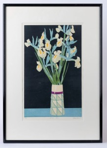 AILEEN BROWN (b.1946), Dutch Iris, 1987, Linocut, signed, dated, titled and editioned 31/50 in margin, 46 x 29cm (image size), framed 68 x 49cm.